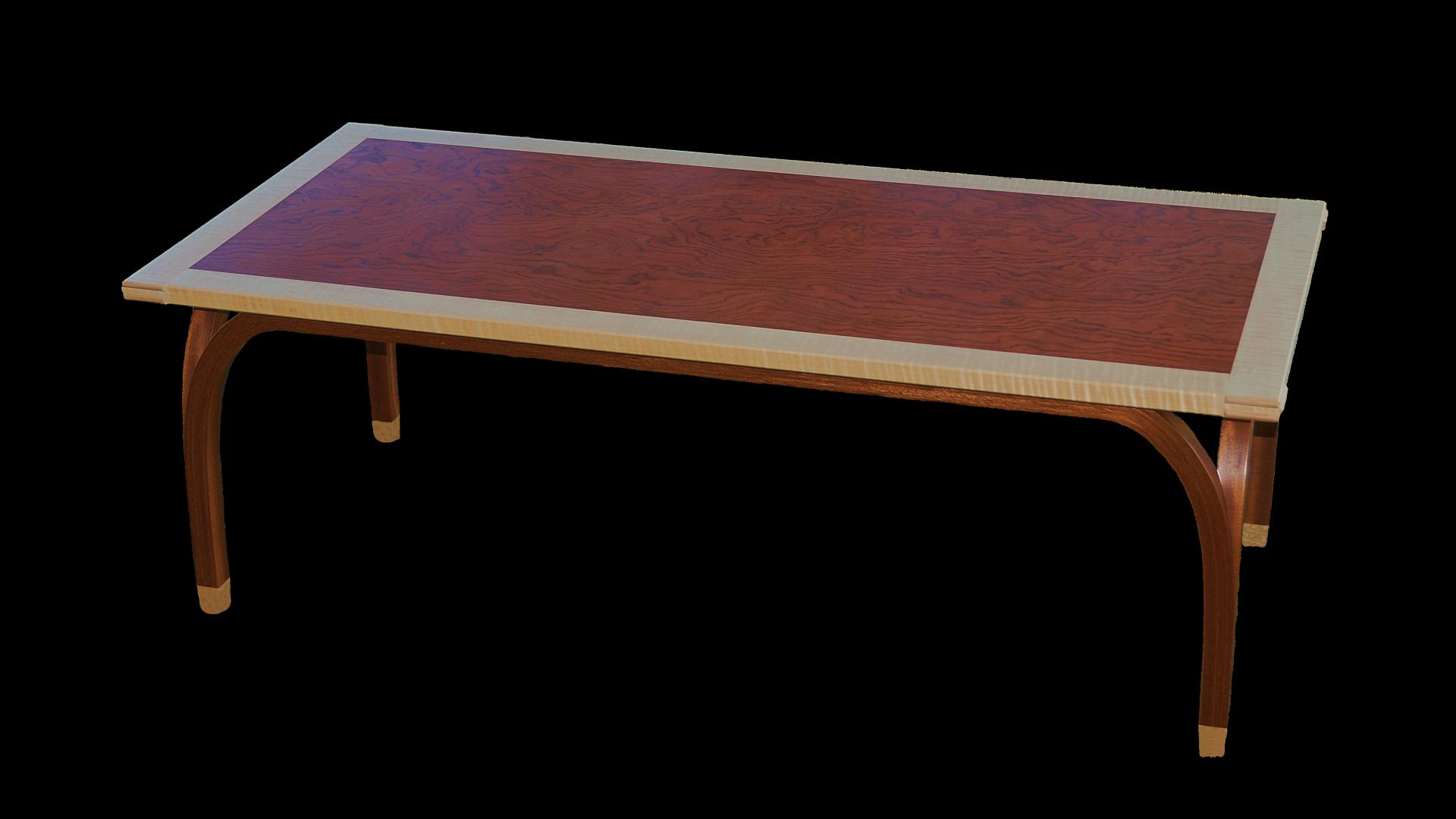 A Bubinga and curly western maple coffee table by Don DeDobbeleer, Fine Custom Wood Furniture